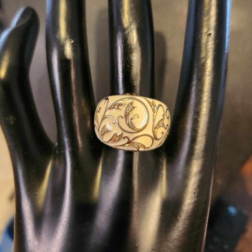 Sterling Silver Ivory Enamel Gold plated Dome Ring Signed ZRW